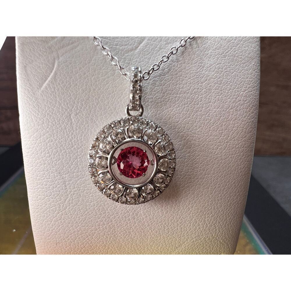 Pink tourmaline white topaz pendant necklace in platinum over 925 silver
